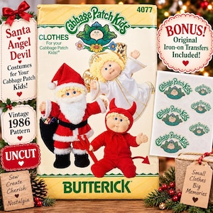 Puede incluir: Un sobre de patrón de costura Butterick Cabbage Patch Kids, número 4077, con ilustraciones de muñecos vestidos de Santa Claus, ángel y diablo. El paquete incluye transferencias termoadhesivas de regalo y es un patrón vintage de 1986 sin cortar.
