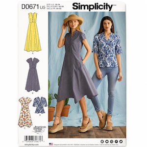 May include: Simplicity sewing pattern D0671 U5 for sizes 16-24. The package displays illustrations of a yellow dress, a blue dress, a floral dress, and a blue paisley top. Two models demonstrate the blue dress and the blue paisley top with jeans.