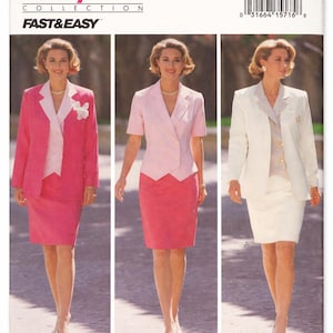 May include: Butterick sewing pattern 6655 featuring three skirt suit designs. The suits are in shades of pink and white, with jackets and skirts. The pattern includes the text "FAST & EASY" and "Family Circle Collection".