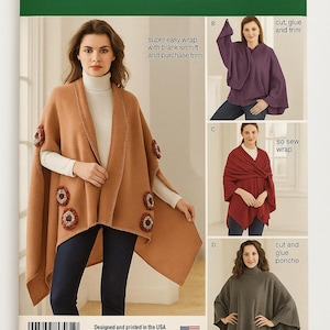 May include: Simplicity sewing pattern 1098 OS, featuring a woman wearing a rust-colored wrap with floral embellishments. The pattern includes instructions for a super easy wrap, and a poncho. The pattern is designed and printed in the USA.