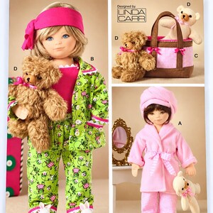 May include: Vogue Doll Collection sewing pattern V8176 designed by Linda Carr. The envelope features illustrations of dolls wearing pajamas with a green frog print and a pink robe with gingham accents, alongside a plush teddy bear and a tote bag.