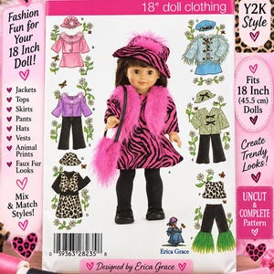 May include: A Simplicity 4416 sewing pattern envelope for 18-inch doll clothing. The front features a doll wearing a pink and black zebra-print dress, a matching hat with pink faux fur trim, a pink faux fur stole, and a pink faux fur handbag.