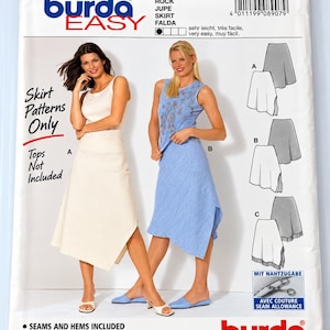 May include: A Burda Easy 8907 sewing pattern envelope for skirts. The front displays two models wearing different skirt styles, with text including Skirt Patterns Only, Tops Not Included, and European sizes 34-46 and US sizes 8-20.