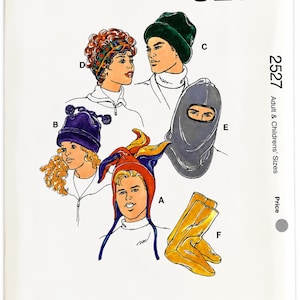 May include: Kwik Sew pattern 2527 for hats and socks in adult and children's sizes. The envelope features illustrations of various headwear styles labeled A through E, including beanies, a balaclava, and a pair of yellow socks labeled F.