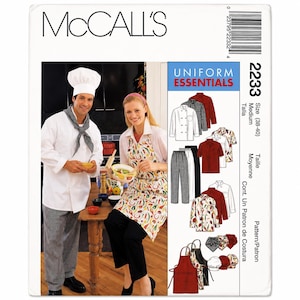 McCall's 2233 Uniform Essentials Symönster Kockjacka Förkläde Mössa Byxor Skjorta Restaurang Bageri Medium 38 40 Oklippt