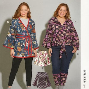May include: McCall's sewing pattern featuring various women's tops and jackets. The designs include floral prints, wrap styles, and bell sleeves. The pattern offers multiple views, showcasing different fabric options and styling variations. The pattern number is M7817.