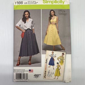 May include: Simplicity sewing pattern T1166 U5, featuring 1950s vintage designs. The pattern includes options for a skirt and a two-piece outfit. The package shows images of the finished garments and includes size information.