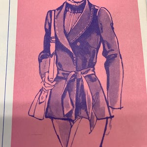 May include: Illustration of a person wearing a purple double-breasted coat with a matching beret and a shoulder bag. The coat is cinched at the waist with a tie. The background is pink, and the text "CANADA $2.20" is visible.