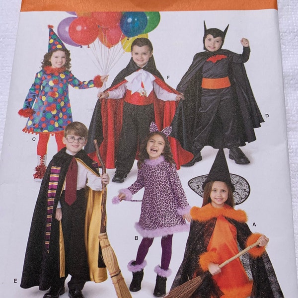 Simplicity 1584A Children's Costume Pattern - Uncut, Vintage Halloween Sewing Pattern, Sizes 3-8 Clown Witch Vampire Super Hero Wizard Cape