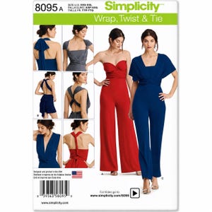 May include: Simplicity sewing pattern 8095 for a wrap, twist, and tie jumpsuit in sizes XXS-XXL. The package displays various styling options for the garment, featuring models in red and blue jumpsuits with different bodice and strap configurations.