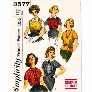 Vintage Simplicity 3577 Sewing Pattern Junior Size 13 Bust 33 Blouse Pattern 1960s Peter Pan Collar