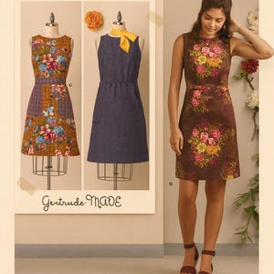 Op de afbeelding: Simplicity naaipatroon 8570 US. De afbeelding toont een vrouw in een jurk met bloemenprint. Twee andere jurken worden op paspoppen getoond. De tekst "Gertrude MADE" is zichtbaar.