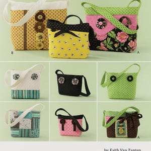 May include: A collection of handmade fabric handbags in various colors and patterns. Designs include floral prints, polka dots, and patchwork, with details like bows, decorative buttons, and contrasting straps. The bags vary in size and style, suitable for everyday use.