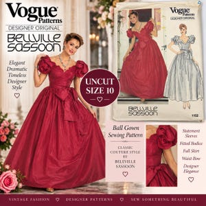 May include: A Vogue Patterns sewing pattern for a Bellville Sassoon ball gown, size 10, uncut. The pattern envelope features a deep red gown with statement sleeves, a fitted bodice, a full skirt, and a waist bow. Includes text: Vogue Patterns.