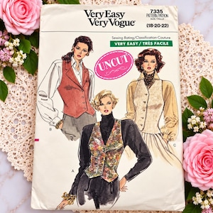 May include: A Very Easy Very Vogue sewing pattern envelope 7335 for sizes 18-20-22. The front features illustrations of three vests labeled A, B, and C, with a pink oval stamp reading UNCUT. The text includes Sewing Rating and Classification-Couture.