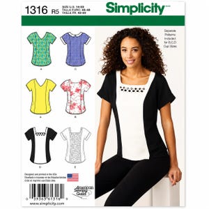 May include: Simplicity sewing pattern 1316 for a short-sleeved top with various design options. The envelope displays illustrations of five different top styles and a photograph of a black and white top with a square neckline and embellishments.
