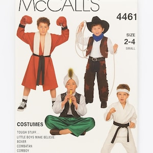 May include: McCall's costume pattern featuring a boxer, combatan, comboy, pirate, and karate champ. The pattern includes sizes 2-4. The image shows children dressed in the costumes, including a red boxing robe and a cowboy outfit.