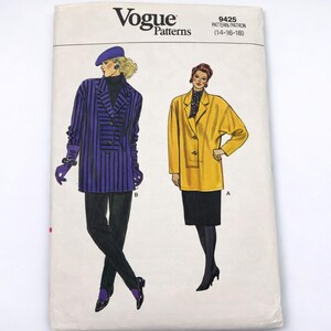 May include: Vogue Patterns sewing pattern envelope featuring illustrations of two women's outfits. One outfit is a purple striped blazer with black pants, and the other is a yellow blazer with a black skirt. The envelope has the Vogue logo and pattern number.
