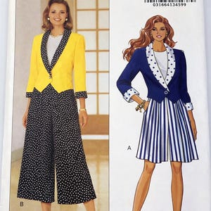 May include: A Butterick sewing pattern featuring two fashion designs. One design shows a yellow jacket with black and white polka dot trim, paired with black and white polka dot pants. The other design is a blue jacket with white polka dot trim and a striped dress.