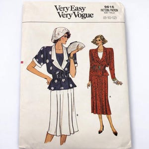May include: Vintage Very Easy Very Vogue sewing pattern 9616. The pattern features illustrations of two women's outfits: a polka dot jacket and skirt ensemble, and a navy blue and white polka dot jacket with a white skirt. Size 8-10-12.
