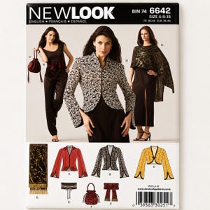 May include: A New Look sewing pattern showcasing women's formal wear designs. The pattern includes a jacket with a black and white floral pattern, a red jacket, and a yellow cropped jacket. The pattern also includes a dress, a scarf, and a purse.