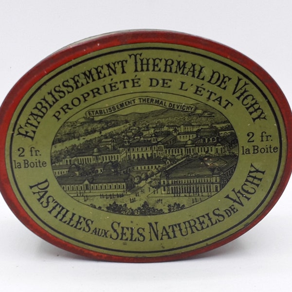 Belle boite ovale publicitaire, en tôle lithographiée, Établissement Thermal de Vichy, pastille de Vichy, boite de collection, 1900/1930