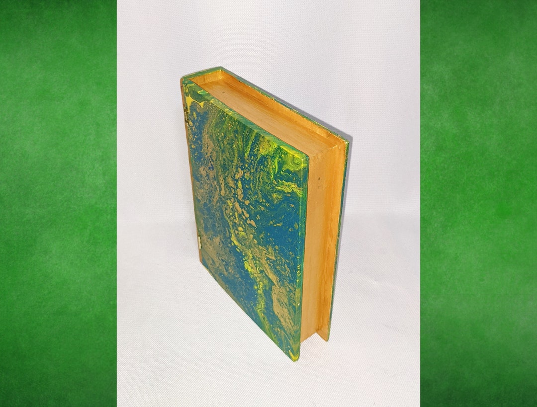 Green Wooden Book Box Paint poured trinket box Decorative keepsake box ...