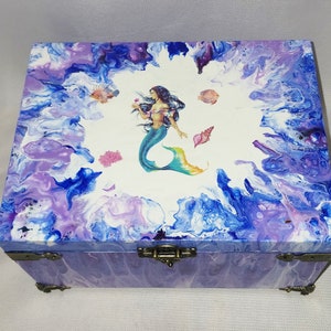 Large Mermaid Box Paint poured memory box trinket box Decorative keepsake box with lid fairy