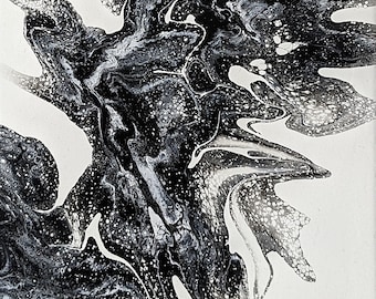 8x10 Black & white paint pour canvas Abstract wall art, acrylic pour painting home decor housewarming gift, Fluid Art acrylic painting