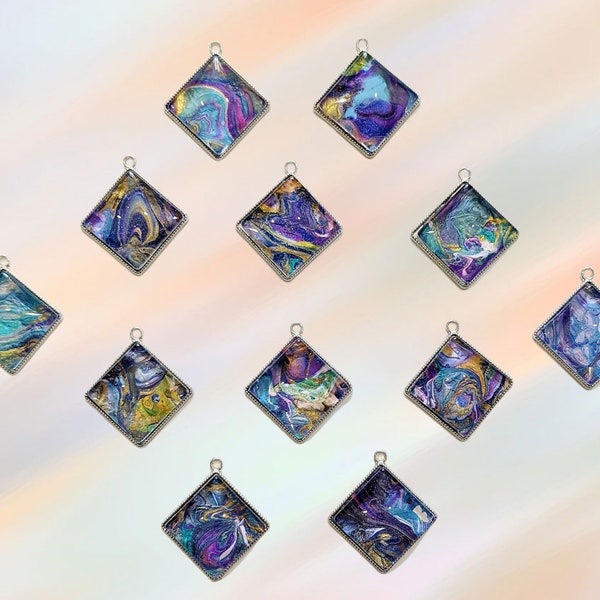 Purple Acrylic Pour Art Jewelry paint pour Necklace Wearable Art Acrylic Skin Jewelry pendant necklaces boho necklaces