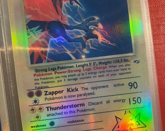 Può includere: Una carta da gioco di Pokemon olografica con Lusamine's Galarian Zapdos. La carta è un Pokemon base con 170 PS. La carta ha uno sfondo blu e rosso con un'immagine olografica di Zapdos. Il testo della carta include le abilità del Pokemon: Strong Legs Charge, Zapper Kick e Thunderstorm.