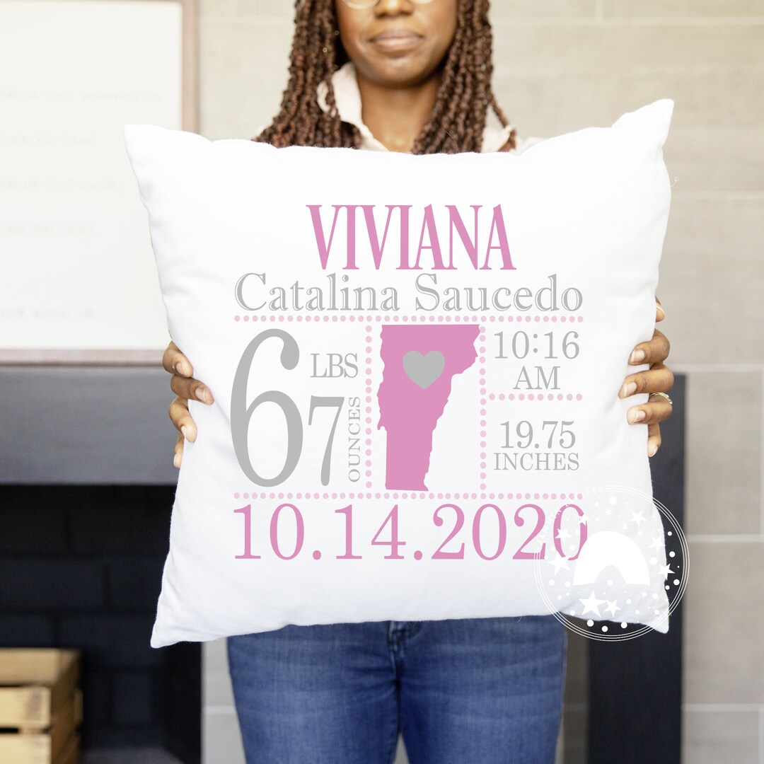 Vermont Birth Announcement Pillow Available in Multiple Sizes. Each
