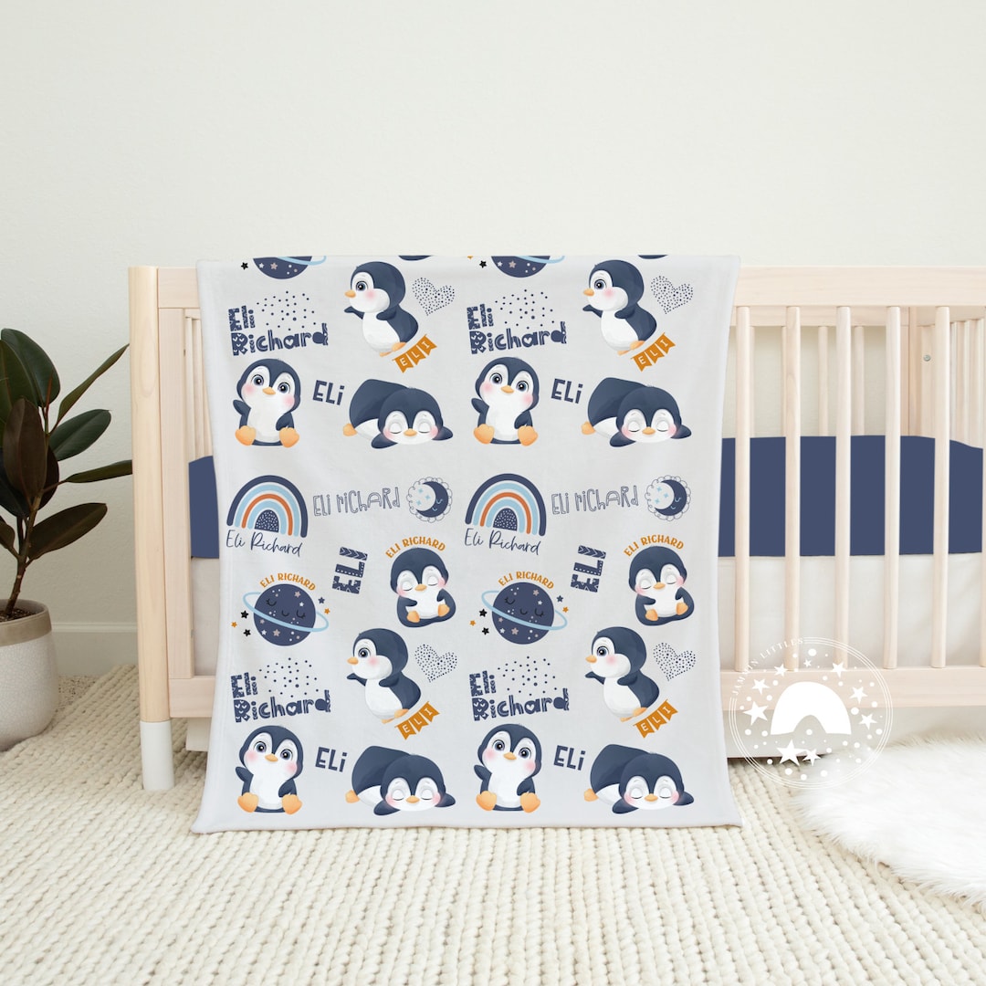 Penguin Baby Blanket Personalized With Baby's Names Watercolor Blanket
