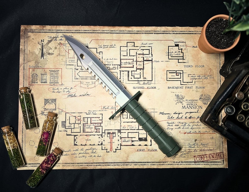 May include: A silver knife with a black handle and a serrated blade. The knife is lying on a map with a floor plan of a mansion. The map is labeled "Planning of Spencer Mansion" and includes the text "Take back & offer for update. Changing is permitted with first approval only. Don't just make the content... CONFIDENTIAL".