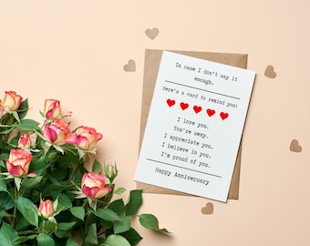 Cute Anniversary Card, Anniversary Gift for Boyfriend| Girlfriend| Wife| Husband, 5x7 Love Greeting Card, In Case I Don&#39;t Say It Enough