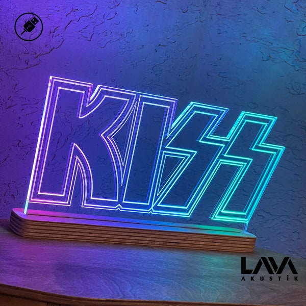 Kiss Rock Band Handmade  Night Lamp  All Colours And Animations Remote LED ARGB USB Rainbow Design Wooden Base