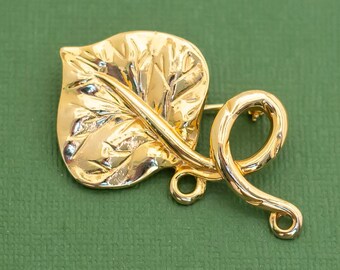 Broche Rétro Ronde Feuillage Gravée Or - Bijou Vintage Sans Marque, Occasion