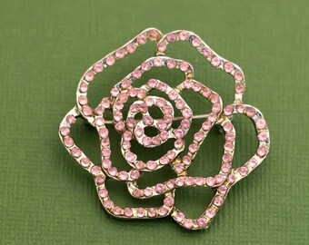 Broche Ancienne En Argent Massif Motif Rose Avec Strass - Bijou Vintage