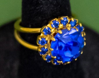 Size 6, Vintage Art Deco Sapphire Blue Faux Jewel Adjustable Ring - K42