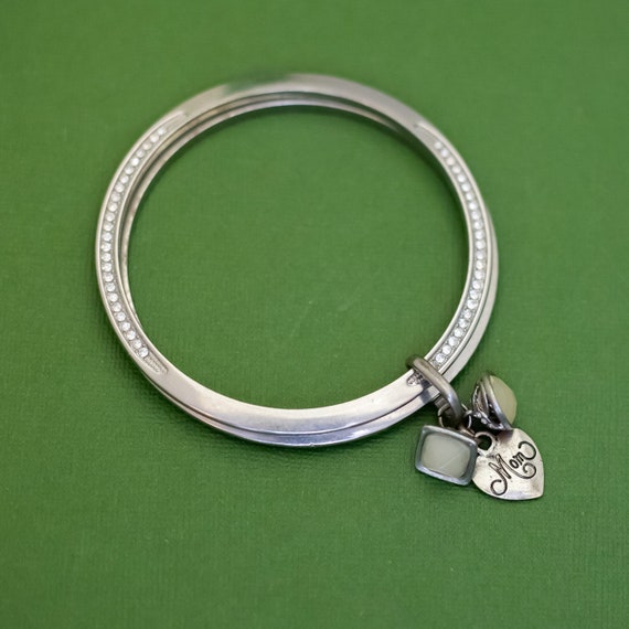 8 inch, Vintage Love Heart Mom Silver Tone Bangle… - image 1