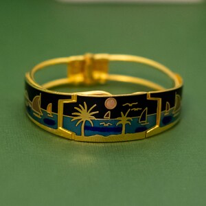 17 cm, Vintage Nacht Sommer Landschaft Gold Ton Scharnier Armreif - K42