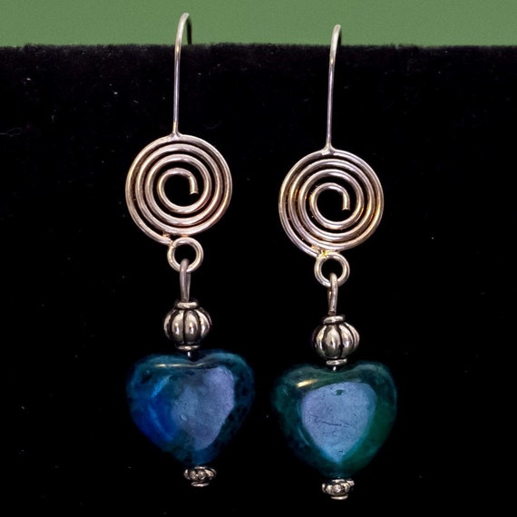 Vintage Blue Heart Silver Tone Spiral Dangle Earri