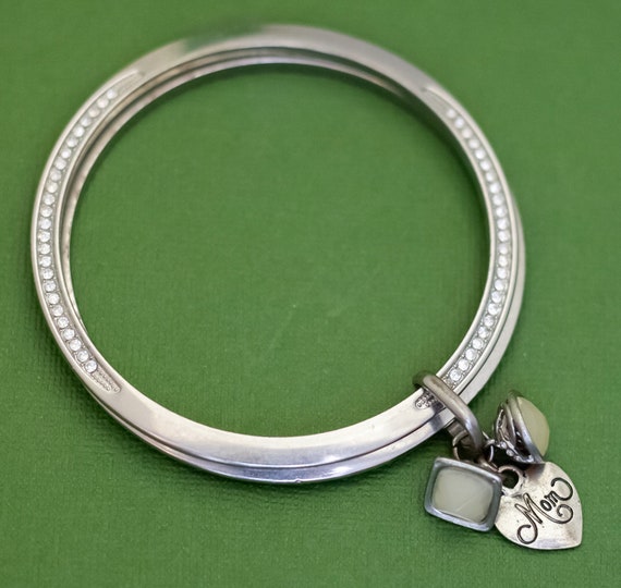 8 inch, Vintage Love Heart Mom Silver Tone Bangle… - image 2