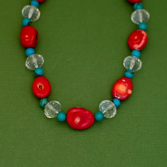 21 inch, Vintage Red Stones Clear Gems Blue Beads… - image 1