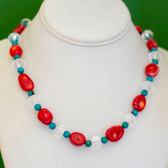 21 inch, Vintage Red Stones Clear Gems Blue Beads… - image 2