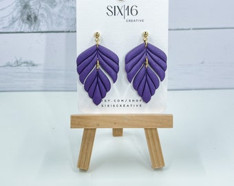 Dark Purple Clay Earrings, Polymer Clay, Handmade, Dangle Earrings, Statement Earrings, Lightweight, Leaf Earrings, Feather Earrings