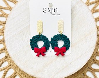 Christmas Wreath Polymer Clay Earrings, Handmade Clay Earrings, Dangle Earrings, Statement Earrings, Christmas Earrings, Holiday Earrings