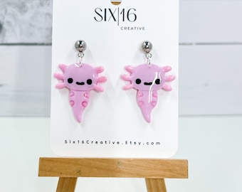 Axolotl Clay Earrings, Polymer Clay, Handmade, Statement Earrings, Lightweight, Animal Earrings, Sea Creature Earrings, Quirky Earrings