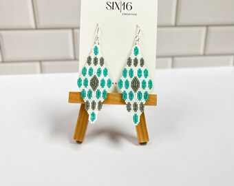 Aqua and Grey Scalloped Diamond Beaded Earrings, Hand Beaded Earrings, Brick Stitch Earrings
