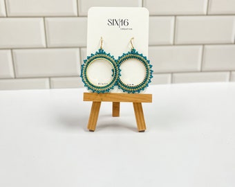 Teal and Gold Beaded Circle Earrings, Hand Beaded Earrings, Brick Stitch Earrings